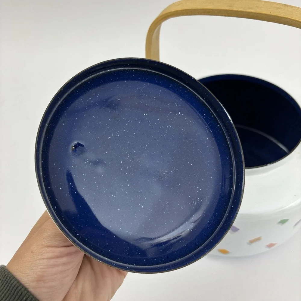 90s Teapot Saved By‎ The Bell Wood Handle Enamel Vintage Confetti Design